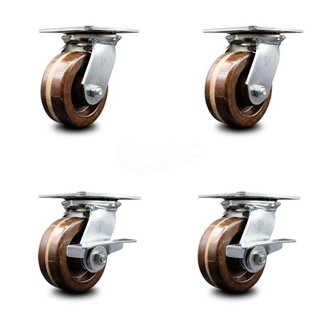 Service Caster 5 Inch High Temp Phenolic Swivel Caster Set with Roller Bearings 2 Brakes SCC SCC-35S520-PHRHT-2-SLB-2